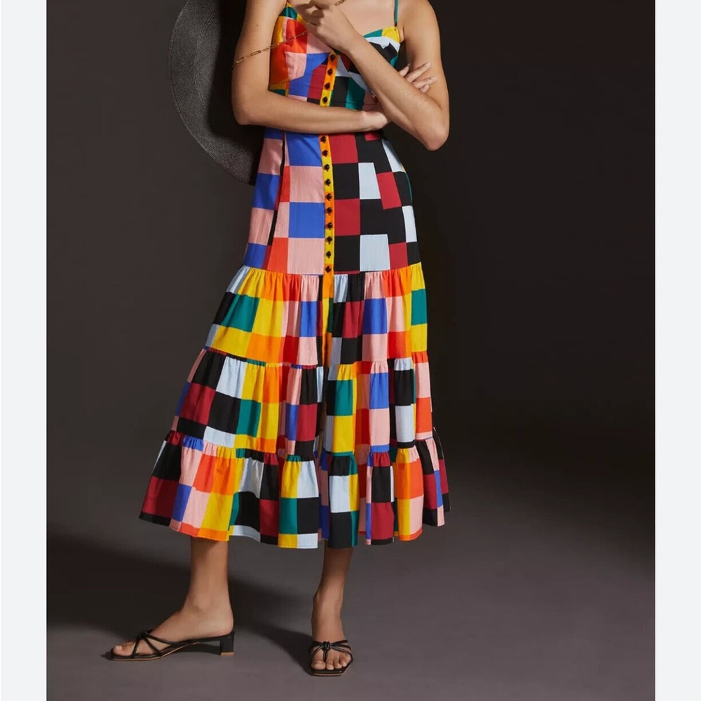 Anthropologie Red and Pink Geo dress Sleeveless Spaghetti Strap